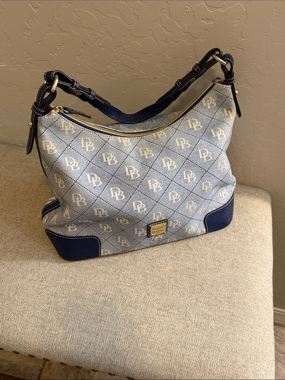 Dooney & Bourke Light Blue Logo Quilted Hobo with Navy Trim